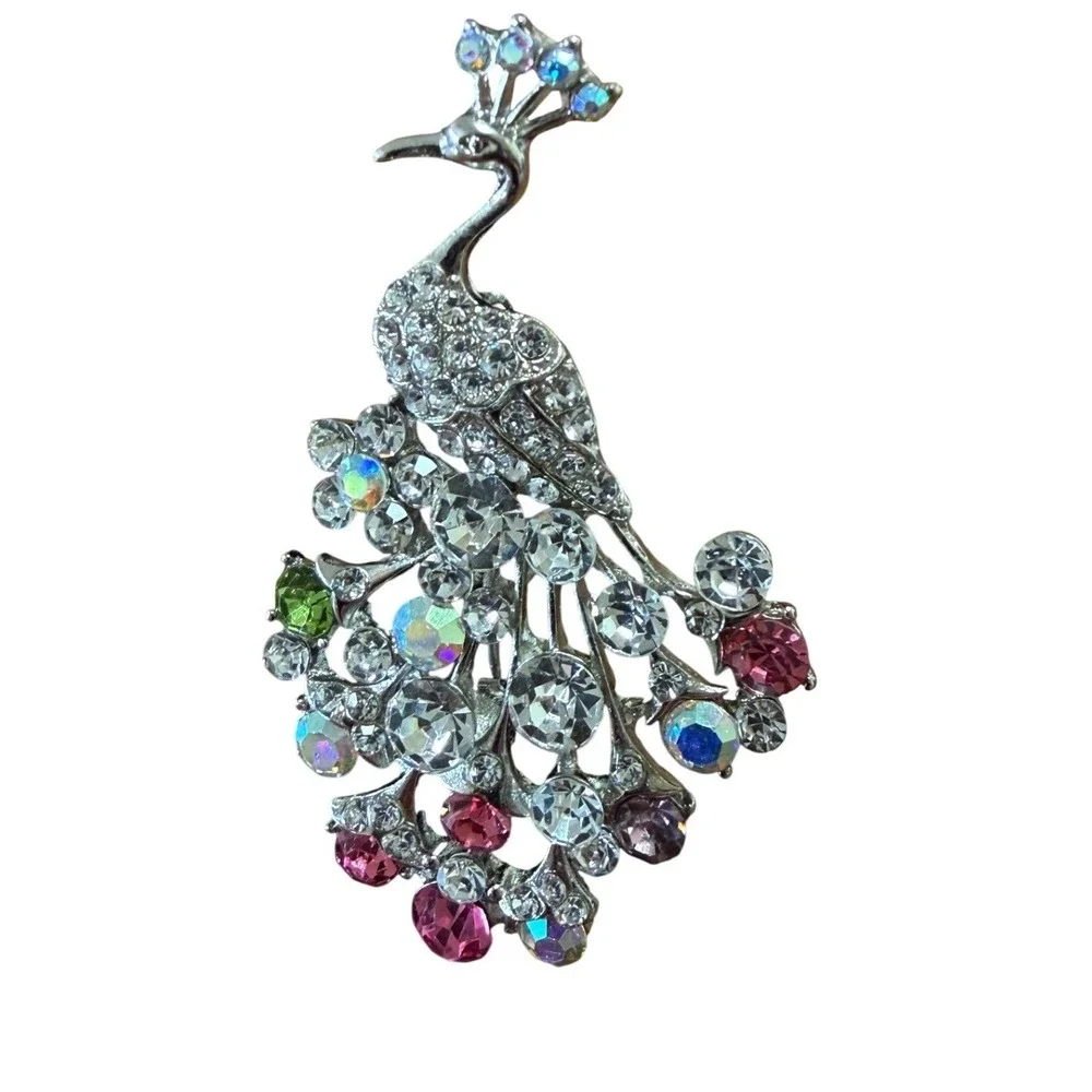 Vintage Style Peacock Brooch Silver Tone Multi Color‎ Rhinestone Bird Pin 2.5
